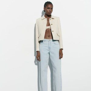 NWT Zara Cropped Checkered Blazer Medium - Gold Button Detail